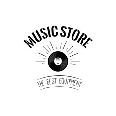 Vinyl record in beams icon. Music store logo label badge.  illustration.