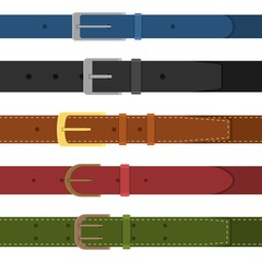 Set of different colored buttoned to buckle belts isolated on white background. Element of clothing design. Belt trouser in flat style. Vector illustration