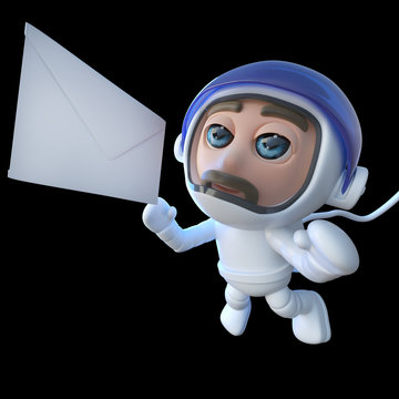 3d Funny cartoon spaceman astronaut character chasing a message in space