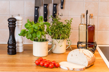 breakfast on the wooden countertop  in kitchen