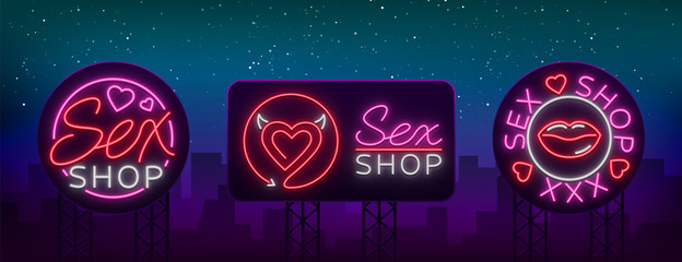 Collection logo Sex shop, night sign in neon style. Neon sign, a symbol for sex shop promotion. Adult Store. Bright banner, nightly advertising. Vector Illustration - obrazy, fototapety, plakaty