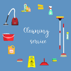 Cleaning service concept. Text surrounded by cleaning objects. There is a vacuum cleaner, a mop, a brush, a scoop, a sign "Caution, wet floor", sponges, detergents and other things in the image.Vector