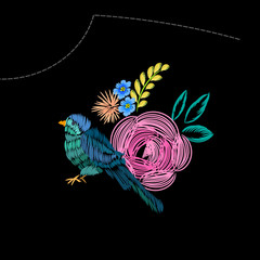 bird rose embroidery