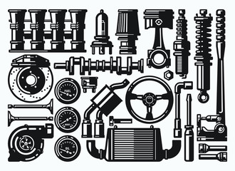 Set of monochrome car repair service elements. Automobile parts.