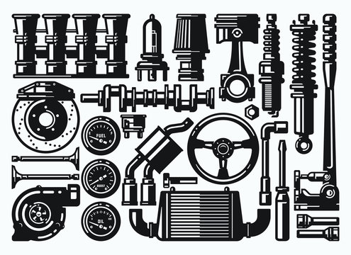 Set of monochrome car repair service elements. Automobile parts.