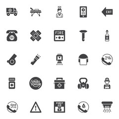 Emergencies vector icons set, modern solid symbol collection, filled style pictogram pack. Signs, logo illustration. Set includes icons as ambulance truck, medical stretcher, nurse, emergency call