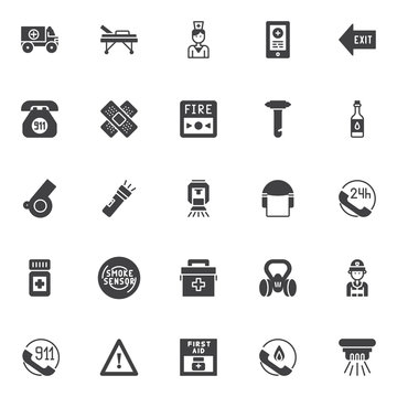 Emergencies vector icons set, modern solid symbol collection, filled style pictogram pack. Signs, logo illustration. Set includes icons as ambulance truck, medical stretcher, nurse, emergency call