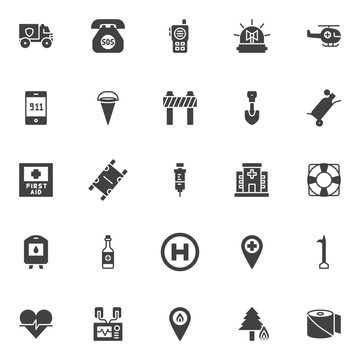 Emergency vector icons set, modern solid symbol collection, filled style pictogram pack. Signs, logo illustration. Set includes icons as police truck, walkie talkie, emergency flasher, helicopter