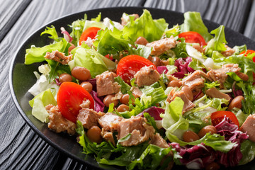 Traditional hearty salad of tuna fish, borlotti beans, tomatoes, mix of lettuce close-up on a plate on a table. horizontal