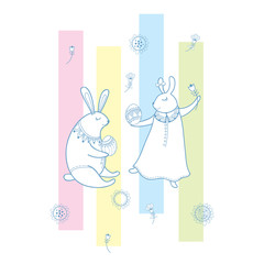 Vector Happy Easter greeting with outline rabbit couple, traditional Easter symbol and stripes in pastel color isolated on white background. Cute Easter bunny pair in contour for holiday decor.