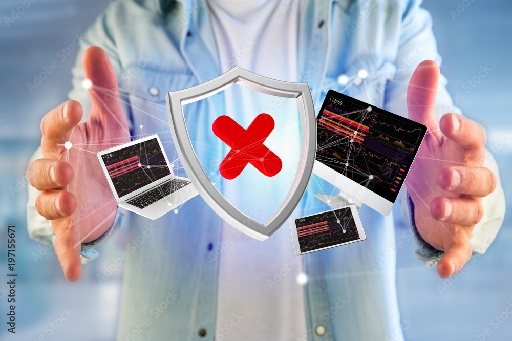 Poster hacked shield symbol surrounded by devices and network displayed on a futuristic interface