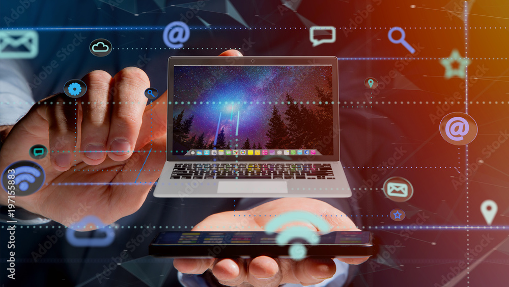 Poster businessman using a smartphone with a computer surrounding by app and social icon - 3d render