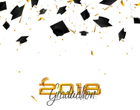 Graduate caps and confetti on a white background. Caps thrown up. Typography greeting, invitation card with diplomas, hat, lettering.