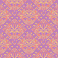Fototapeta premium Geometric violet seamless pattern. Bright colored background with pink and yellow elements