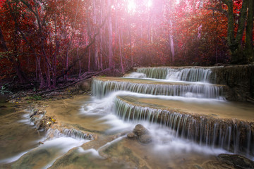 Huay Mae Kamin Waterfall, beautiful waterfall in rainforest at Kanchanaburi province, Thailand