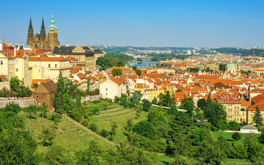 Fototapeta na wymiar View of the St. Vitus Cathedral and Prague Panoramic view of Prague with Prague Castle