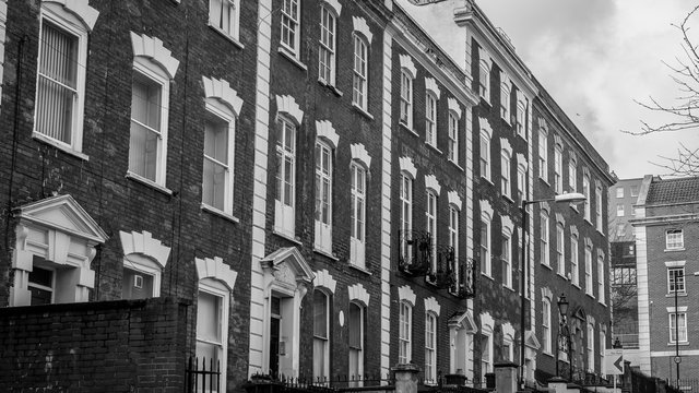 Looking across a Row of Georgian Houses, shallow depth of field black and white horizontal photography