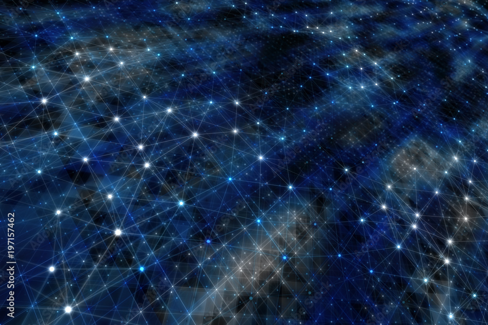 Poster artisitic blue colored digital computer network background with connected lines and dots illustratio