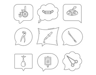Medical mask, scalpel and dental pliers icons.