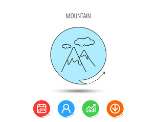 Mountain icon. Hills and clouds sign.