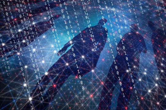 Concept group of people shadows with artistic conceptual computer binary code.