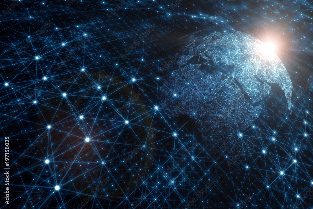 Poster abstract earth planet network background with lines and dots illustration.