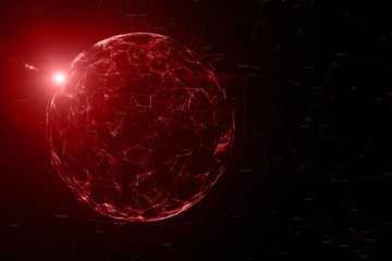 Red colored abstract network data globe with flare of light, view from space. Illustration background