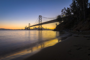 San Francisco skyline with Oakland Bay Bridge in twilight, California, USA