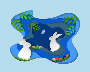 Easter day with rabbit and colorful egg on blue background,paper art and digital craft style,vector illustration