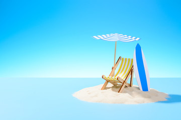 The concept of a tropical vacation. A chaise longue under an umbrella and surfboard on the sandy island. Sky with copy space