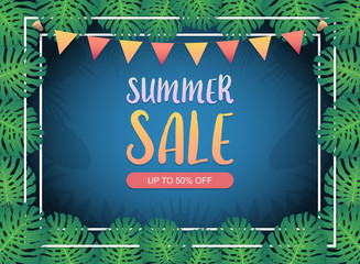 Summer sale background banner, Festival bunting ribbons hanging on double frames border with the green exotic palm leaves and tropical plants, summer sale concept. Vector illustration