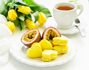 French pastry makaron.   Heart shape. Valentine's Day. Selective focus