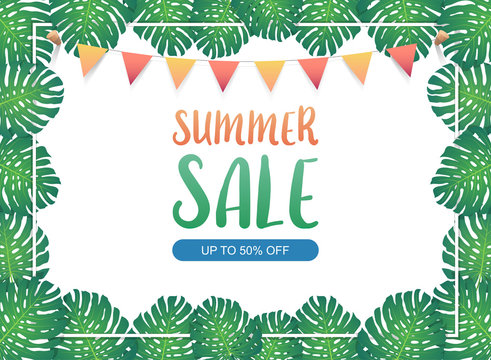 Summer sale background banner, Festival bunting ribbons hanging on frame border with the green exotic palm leaves and tropical plants, summer sale concept. Vector illustration
