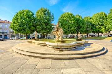 City Hall with Braga Sign or logo of city in Praca do Municipio, Braga downtown, North of Portugal. Braga urban cityscape, one of the oldest cities of Portugal.