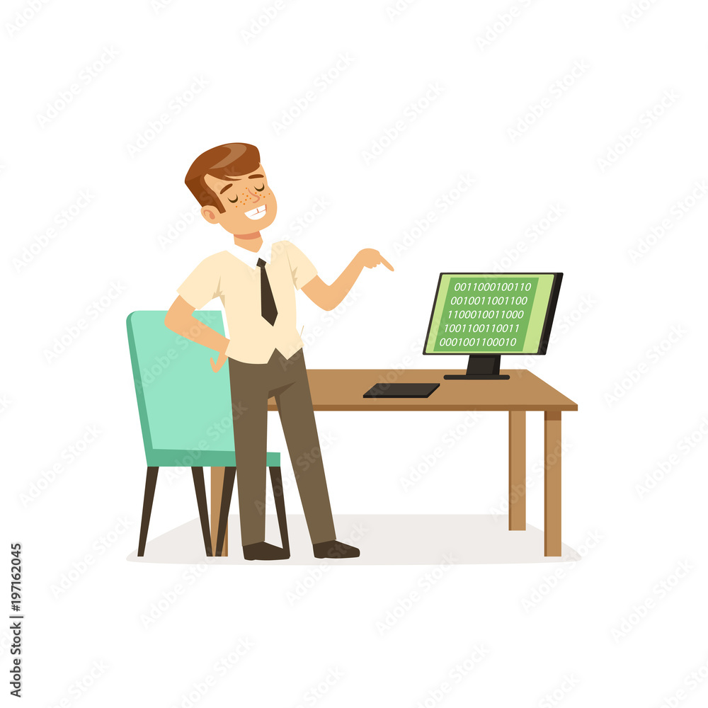 Poster boy in computer class, pupil of elementary school at informatics lesson at school vector illustratio