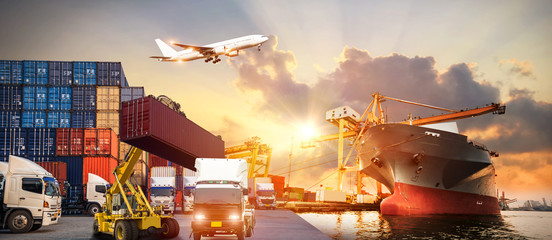 Logistics and transportation of Container Cargo ship and Cargo plane with working crane bridge in...