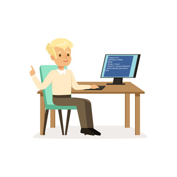 Boy working at computer, pupil of elementary school at informatics lesson at school vector Illustration on a white background
