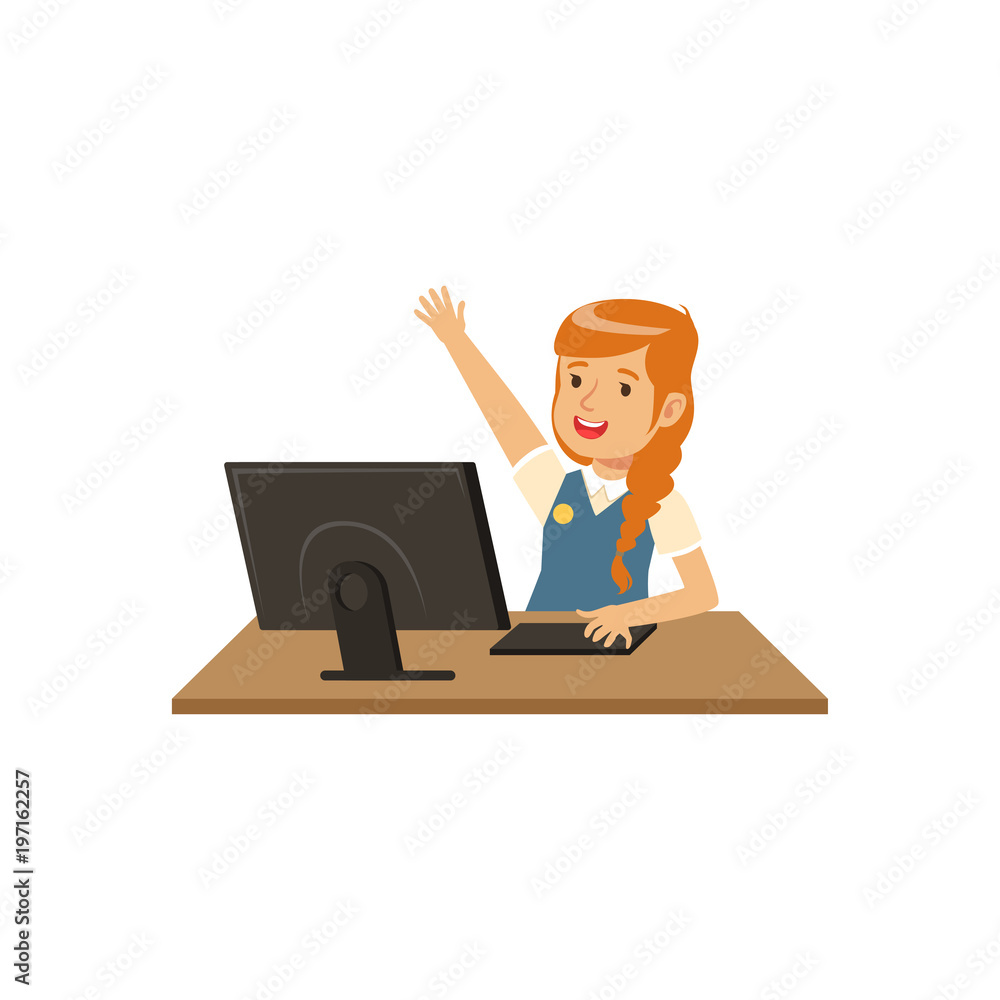 Aufkleber smiling girl using computer at informatics lesson at school vector illustration on a white backgroun