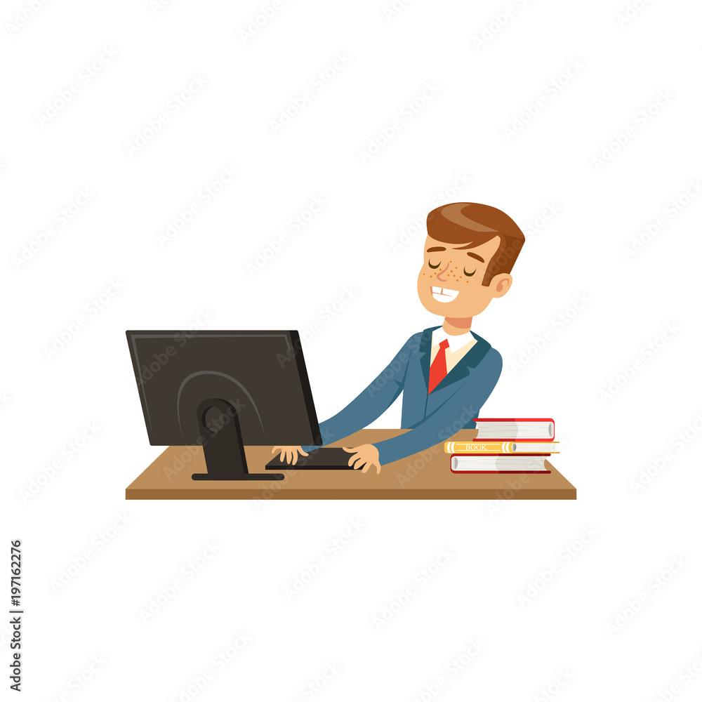 Aufkleber smiling schoolboy using laptop computer vector illustration on a white background