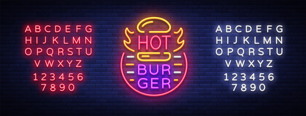 Hot Burger neon sign. Fastfood burger sandwich neon logo, banner, design template, night neon advertising for dining, restaurant, snack bar, street food. Vector Illustrations. Editing text neon sign