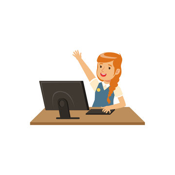 Smiling girl using computer at informatics lesson at school vector Illustration on a white background