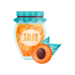 Apricot jam, glass jar of fruit confiture vector Illustration on a white background