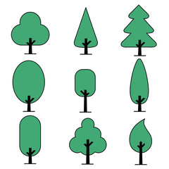 Trees collection Green of leaves and icon different shapes in modern flat style. Simple  trees with set isolated from the background.
