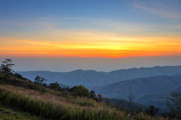 Morning mountain range View on Nature Trail in Pho lom lo National Park Loei province, Thailand.