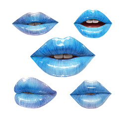 Blue lips collection. Mouth set. Vector lipstick or lip gloss 3d realistic illustration. Fashion style