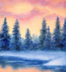 Watercolor landscape. Winter forest