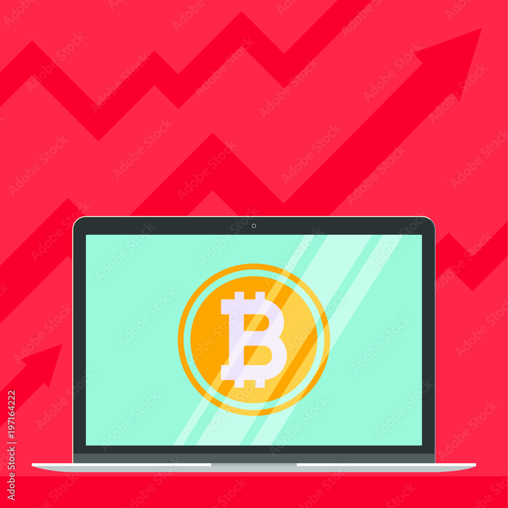 Poster modern device - laptop, computer or netbook pc flat design with bitcoin sign symbol on the screen ic