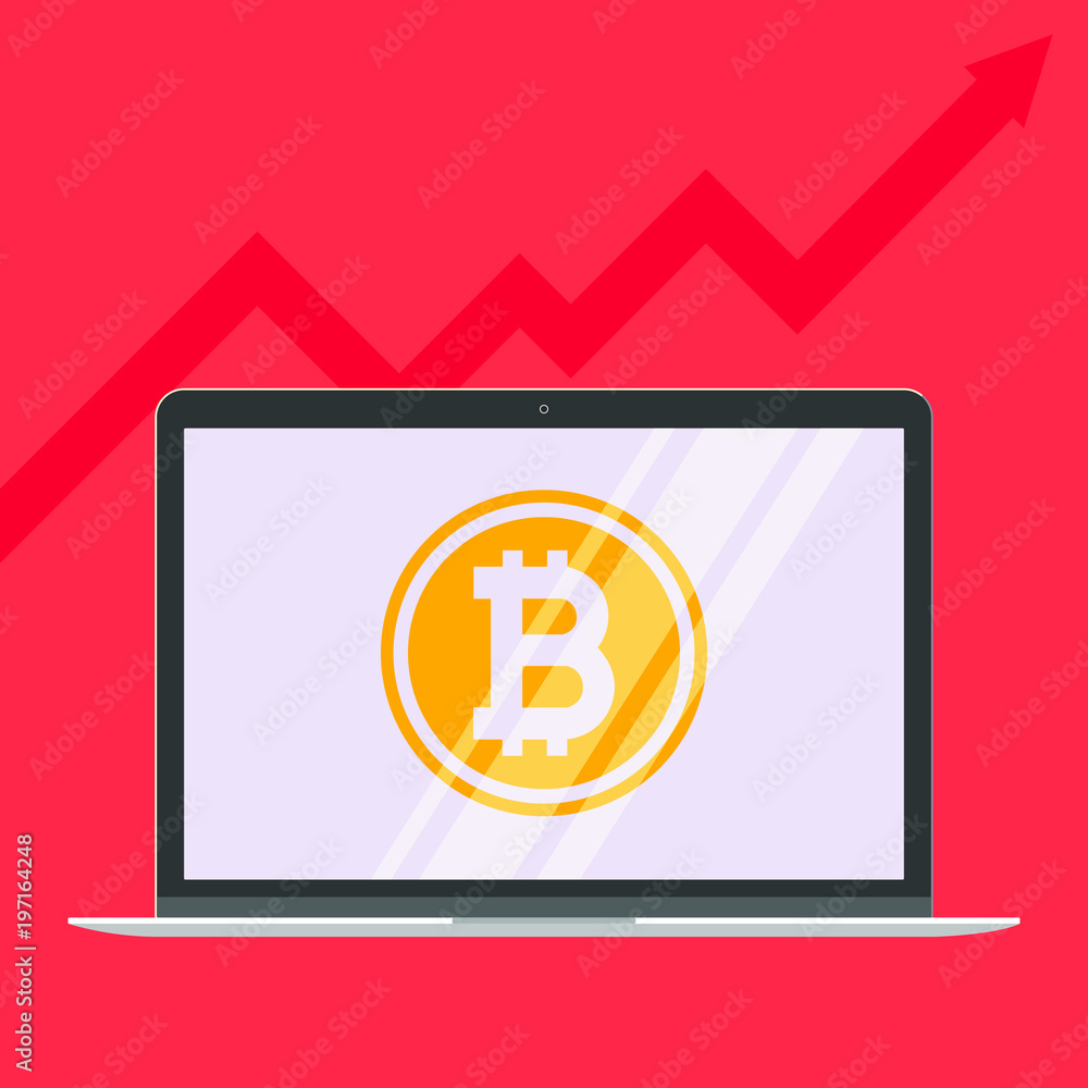 Poster modern device - laptop, computer or netbook pc flat design with bitcoin sign symbol on the screen ic