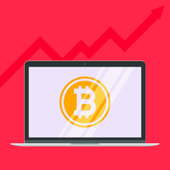 Modern device - laptop, computer or netbook pc flat design with bitcoin sign symbol on the screen icon vector illustration. No keybord technology concept of error on screen in front of red arrow up.