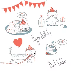 Sierkussen Collection of hand drawn cute funny cartoon cats in party hats, with presents, typography. Isolated objects on white background. Vector illustration. Design concept for children, birthday celebration. © Maria Skrigan